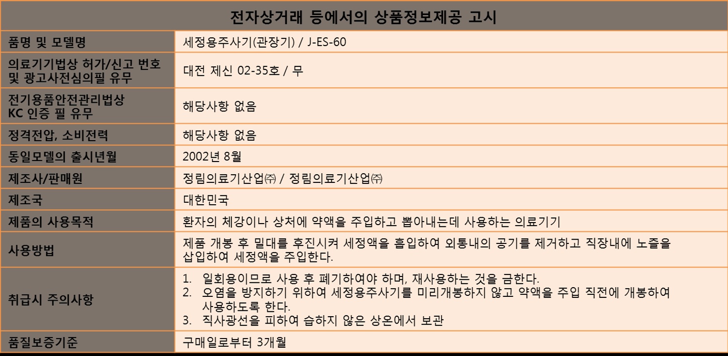 일회용관장기 정림 국산 60ml 세정용 20개입
