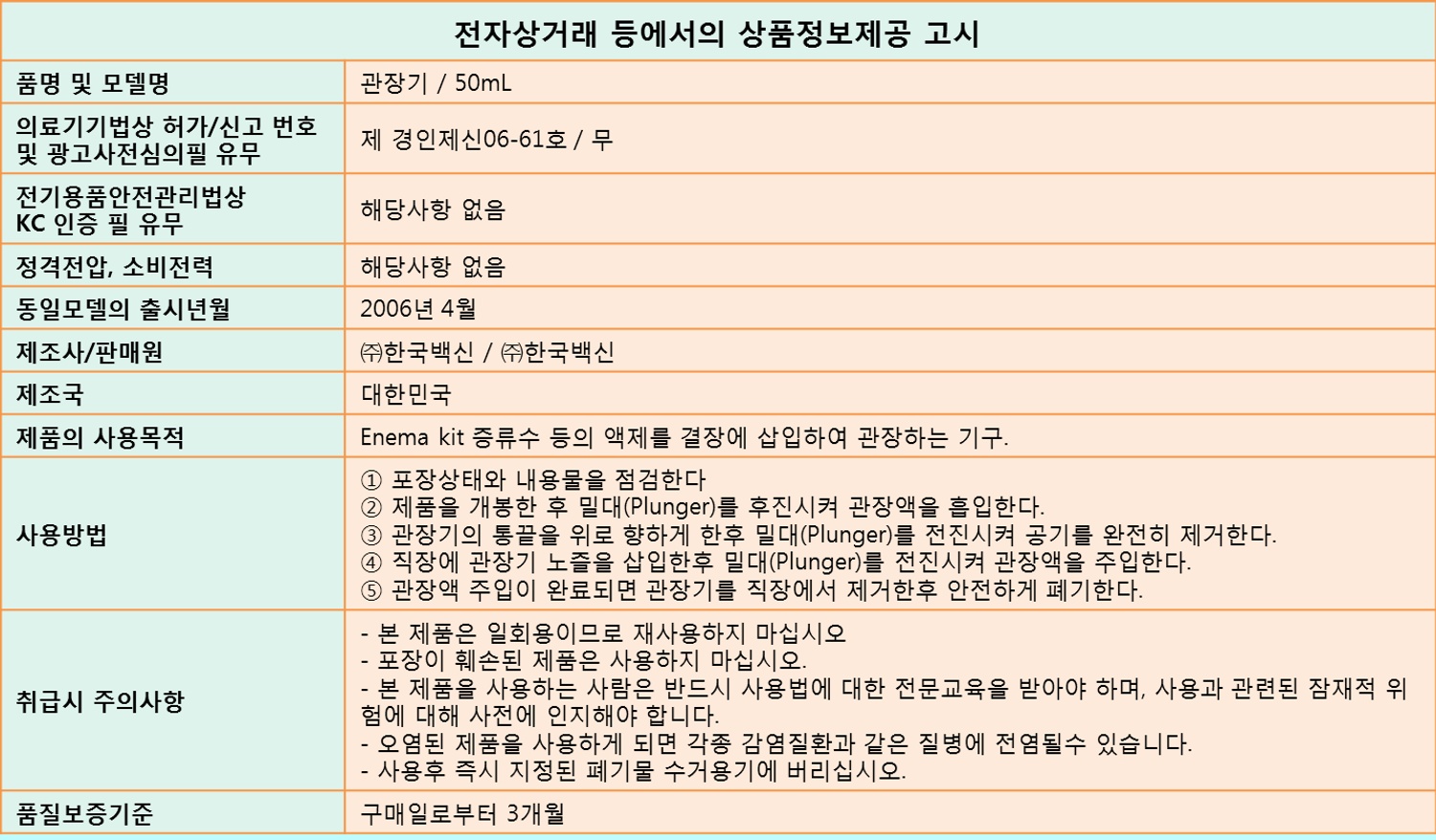한국백신 일회용관장기 50ml 세정용